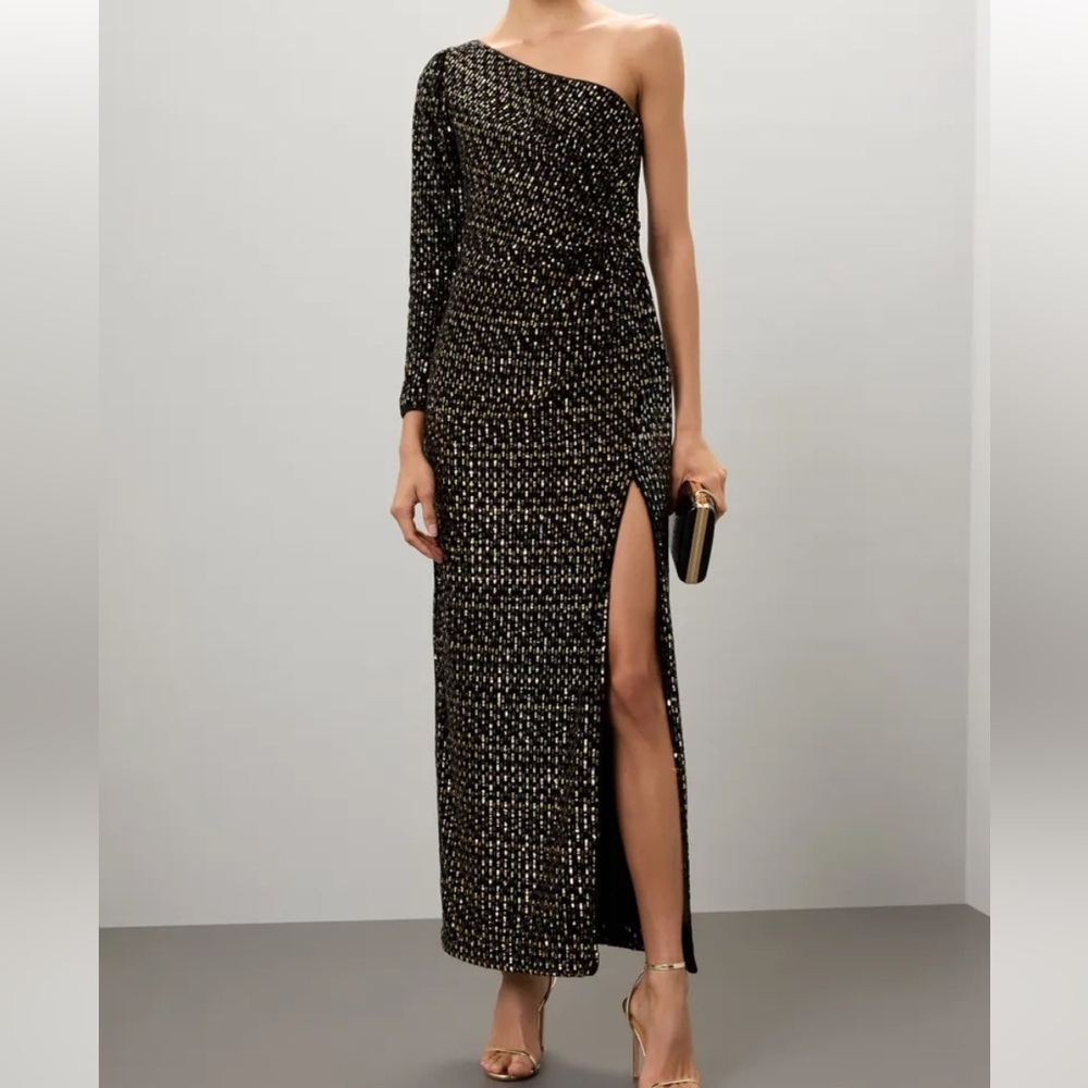 Monique Lhuillier Black and Gold Velvet Maxi Dress